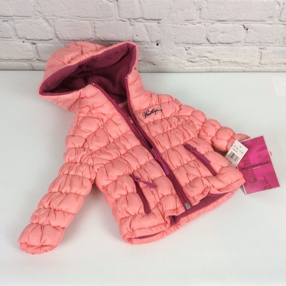 Weatherproof Girls 12 Months Puffer Coat Peach With Wine Trim Lined Full Zip